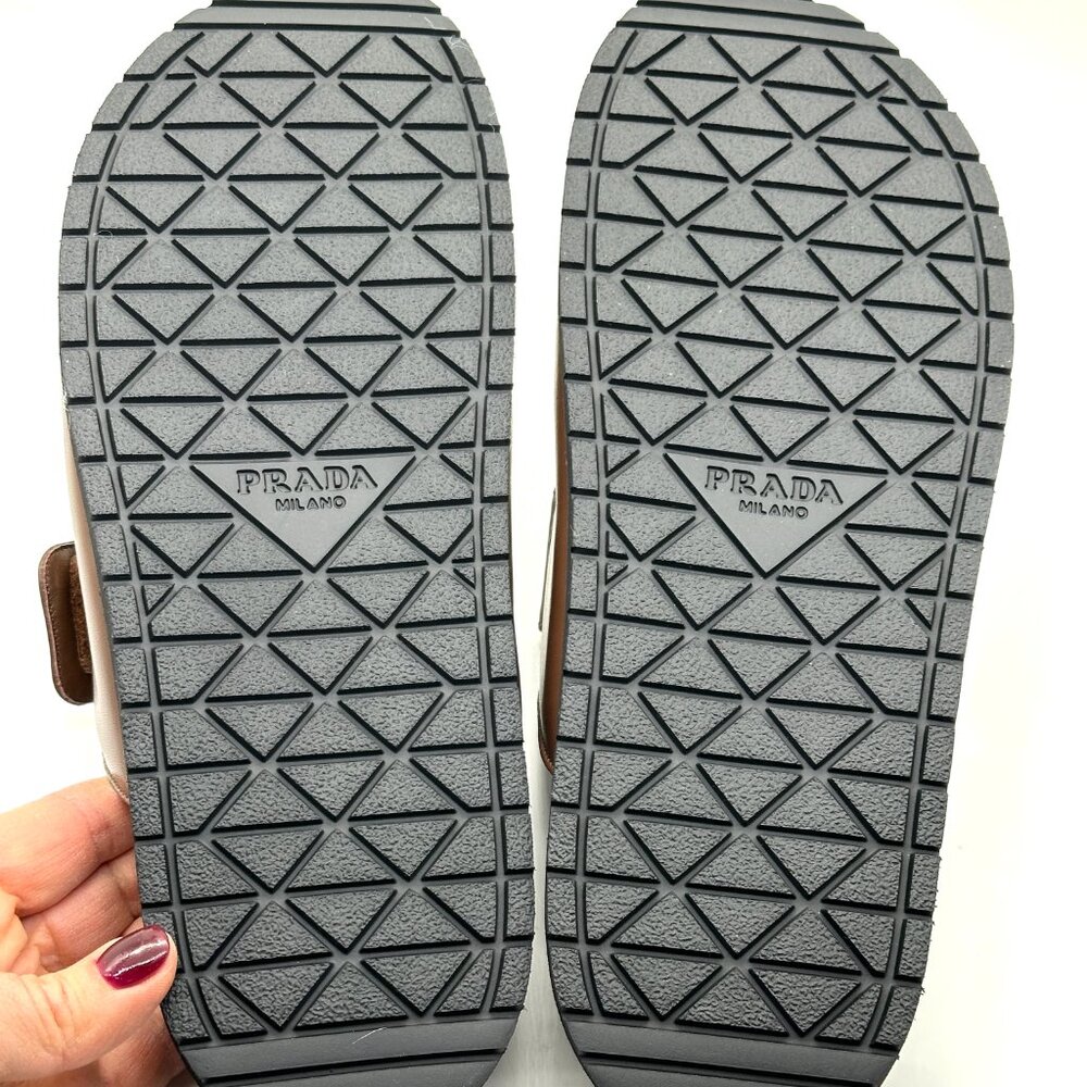 PRADA Triangle Logo Double Band Leather Flat Slide Dad Sandals Shoes Cacao - Picture 15 of 16